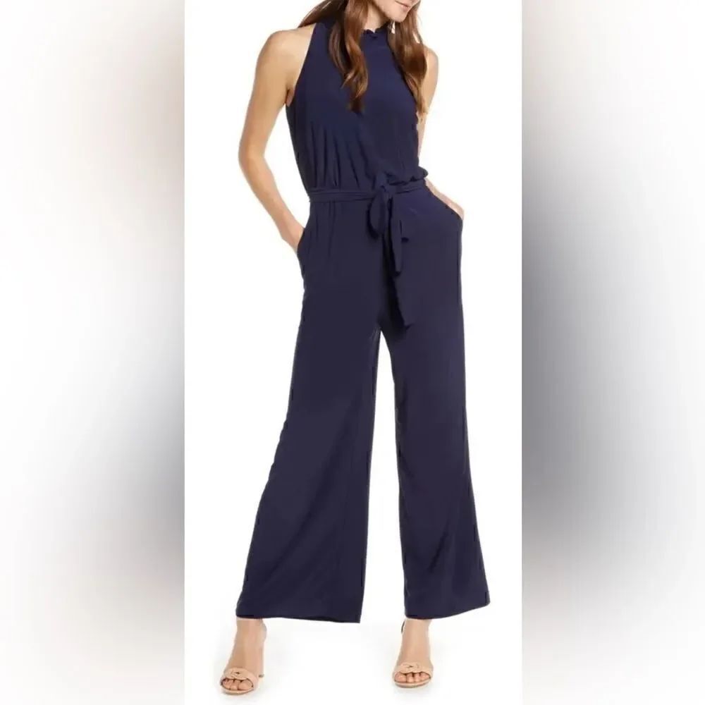 Vince Camuto Jumpsuit Ruffle Neck Halter Wide Leg Navy Blue Stretch Sz. 4